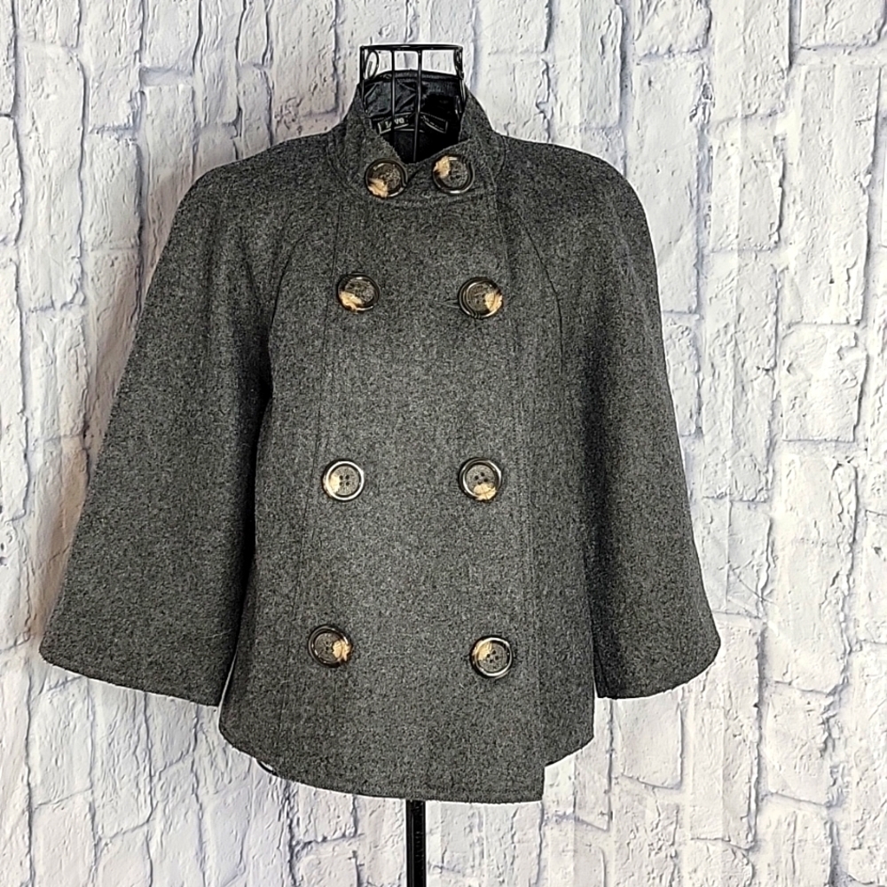 LOVE STITCH Double Breasted Gray Part Wool Cape Jacket Large